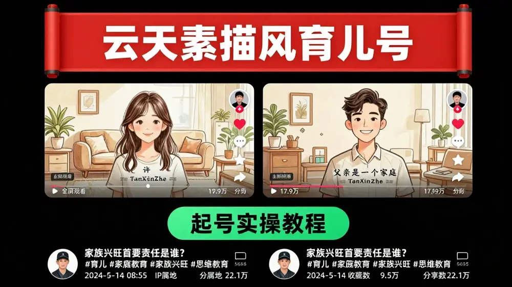 云天素描风育儿号，起号实操全流程，爆赞爆火，涨粉带货嘎嘎快